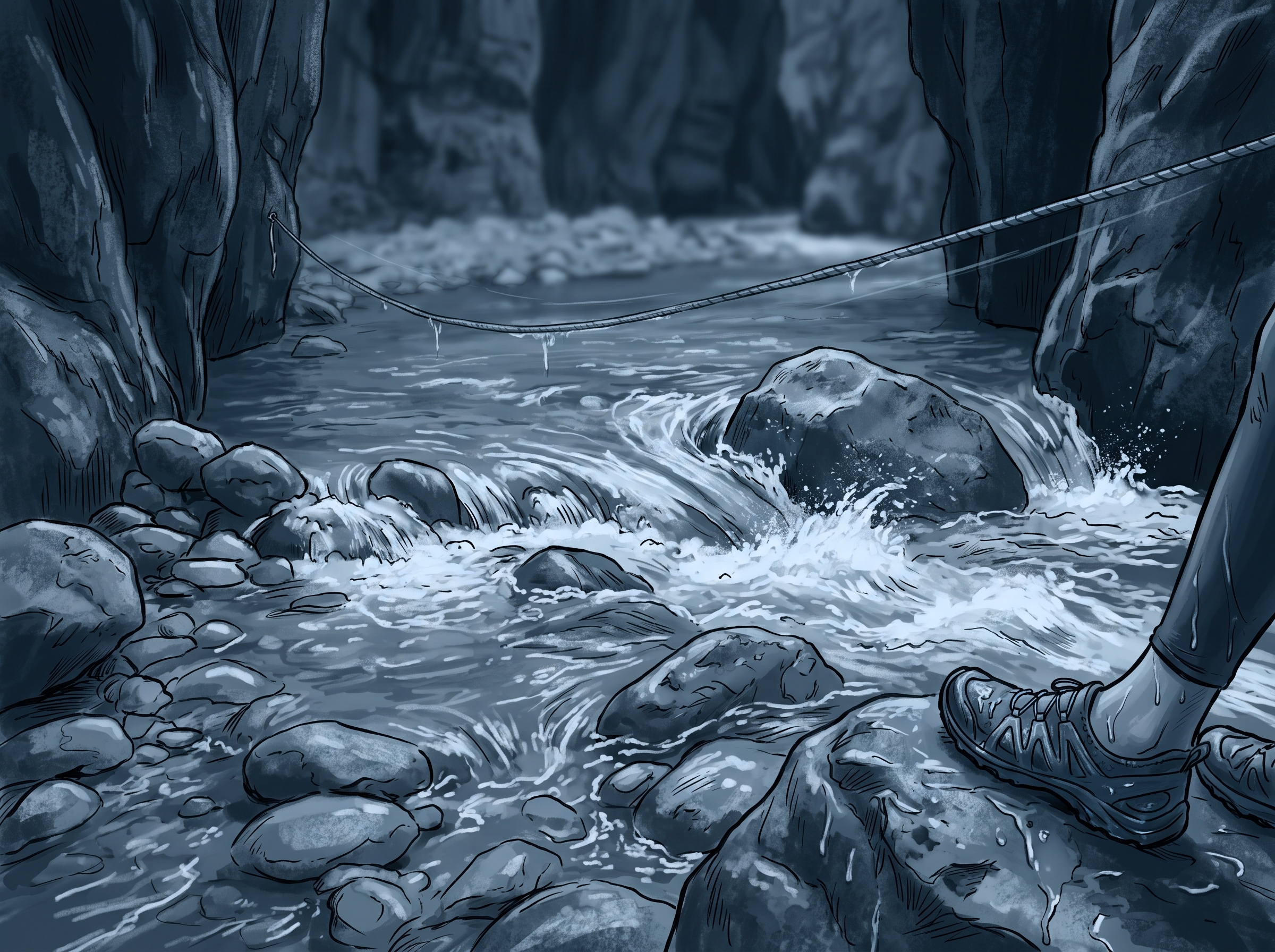 Close view of a shallow river crossing: clear fast water running over rounded loose stones at ankle to knee depth, a pair of wet water shoes stepping in at the edge of the frame, spray where the current breaks around a boulder.