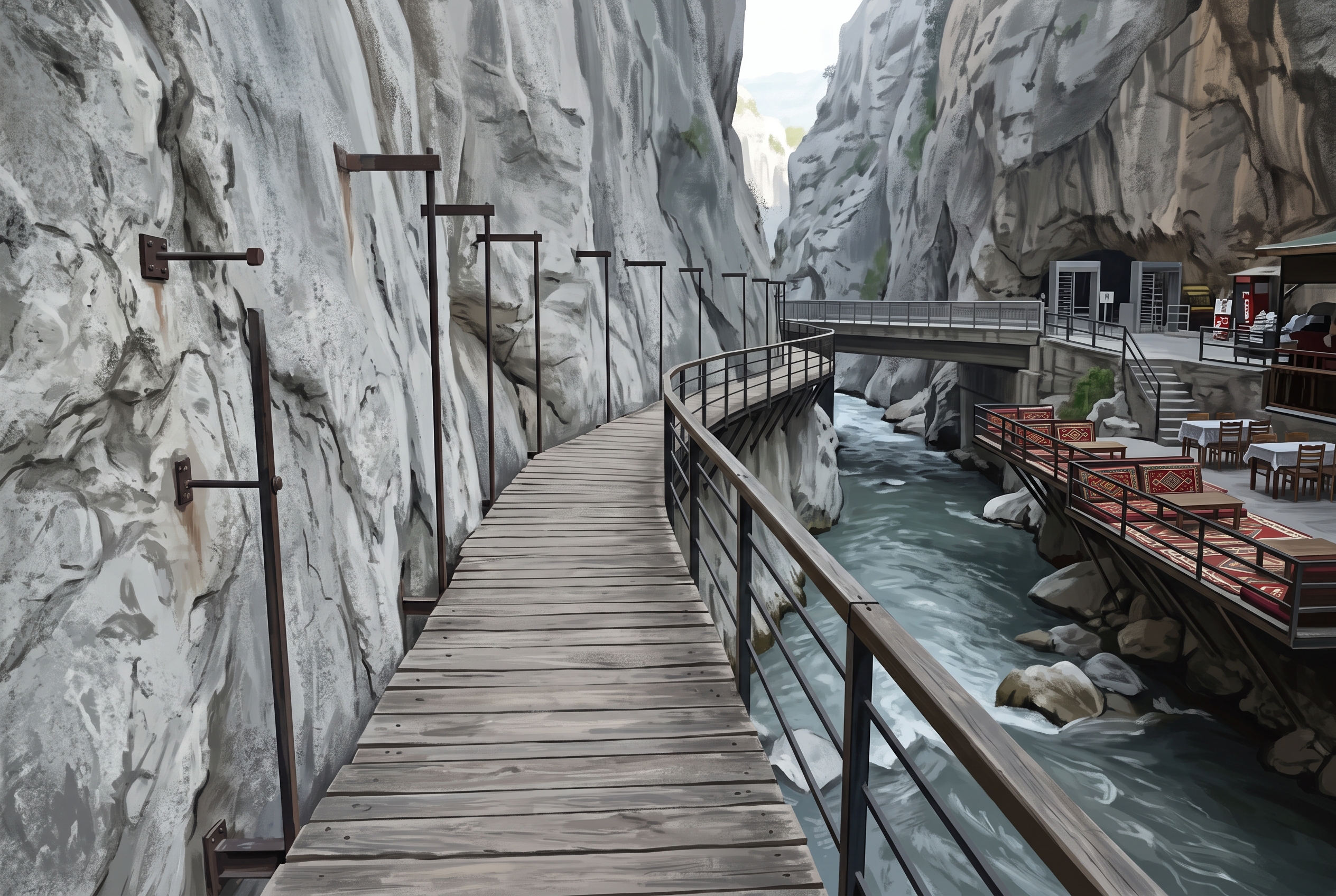 A raised timber walkway carried on iron brackets bolted to a sheer pale rock face just above the water, with a simple railing and a drop to the river on the open side, curving out of sight around the rock.