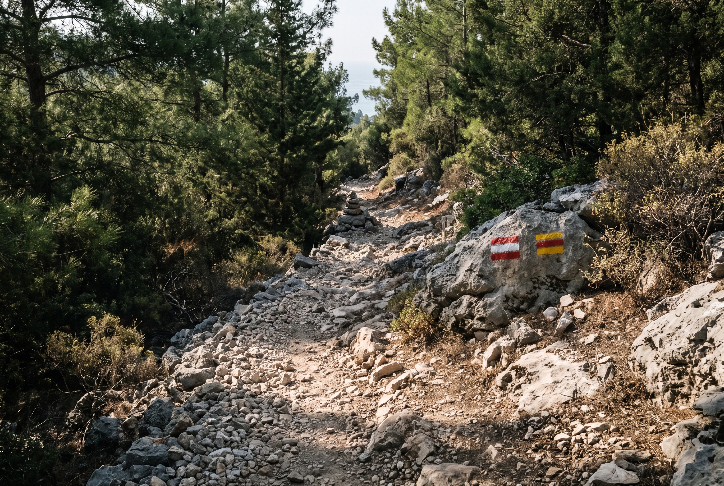 A narrow, rocky footpath running along a hillside between dry scrub and pine, winding out of view, with a red and white painted waymark stripe on a rock beside the path and a hazy glimpse of the sea through a gap in the trees.