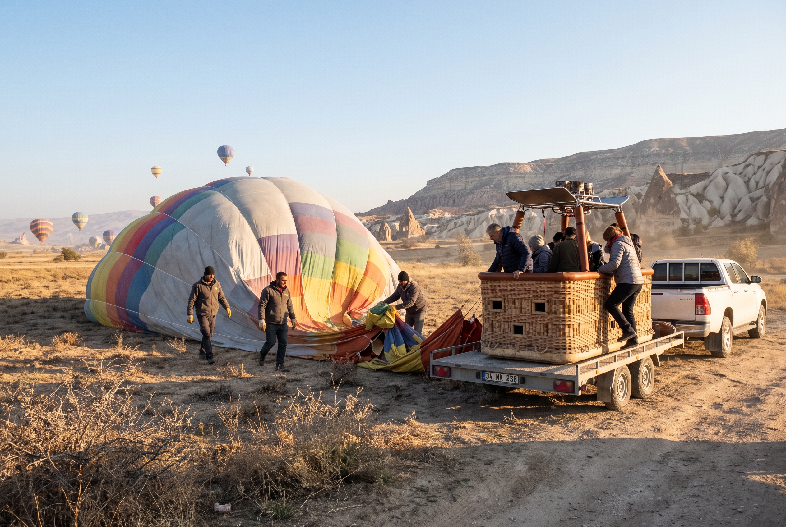 Ein Ballon nach der Landung auf trockenem Boden in Kappadokien: die Hülle fällt seitlich in sich zusammen, während die Mannschaft ihre Länge abgeht, um die Luft herauszudrücken. Daneben stehen Pick-up und Anhänger, Passagiere klettern aus dem Weidenkorb.