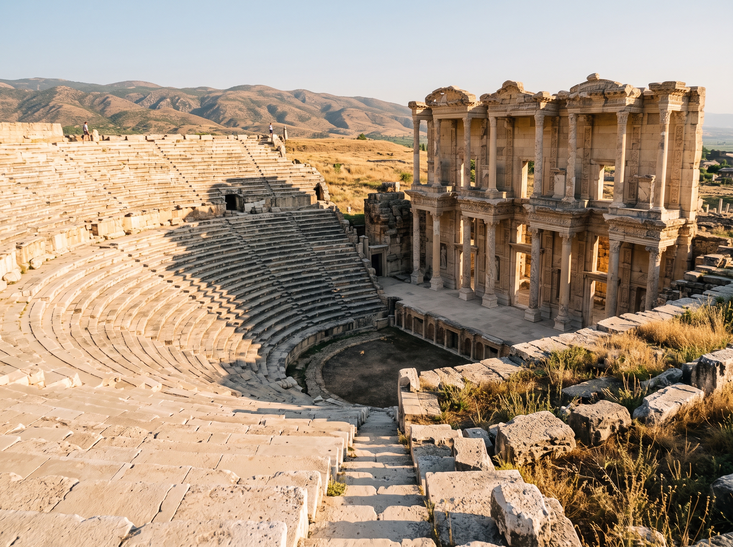 The Roman theatre of Hierapolis seen from partway up the seating tiers, with its tall stage building standing opposite in late afternoon light